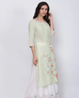 BIBA Green Cotton Straight Yarndyed Kurta