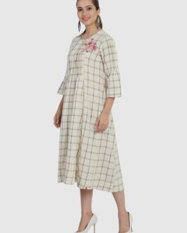 BIBA Beige Cotton Printed A-Line Dress