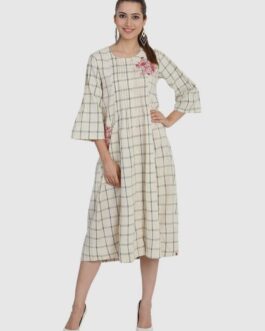 BIBA Beige Cotton Printed A-Line Dress