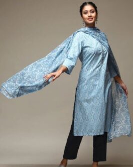 BIBA Marine Blue Cotton Straight Kurta, Pant Suit Set