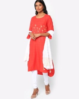 Biba Embroidered Straight Kurta with Churidar & Dupatta