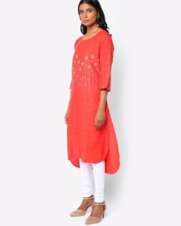 Biba Embroidered Straight Kurta with Churidar & Dupatta