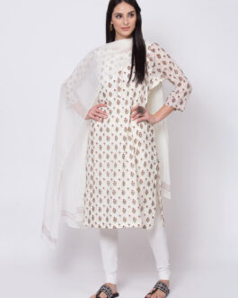 Biba Off White Floral Kurta With Churidar & Dupatta (Set of