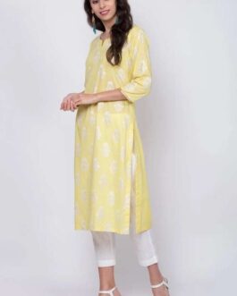 Biba women Floral Print Pure Cotton Straight Kurta (Yellow)