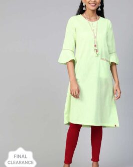 BIBA Women Solid Pure Cotton A-Line Kurta (Green)