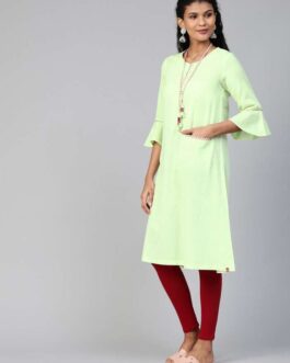 BIBA Women Solid Pure Cotton A-Line Kurta (Green)