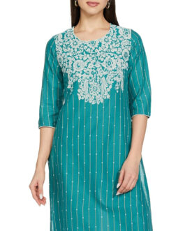 BIBA Green Cotton Straight Printed Kurta